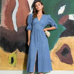 RIHOAS The Blue Puff Sleeve Cutout Slit Maxi Dress XS